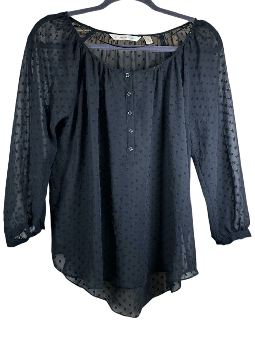 LC Lauren Conrad Black Sheer Heart Textured Chiffon Blouse S Coquette Soft Goth